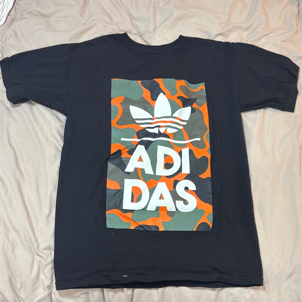 Adidas Black Tee with Orange Camo Graphic